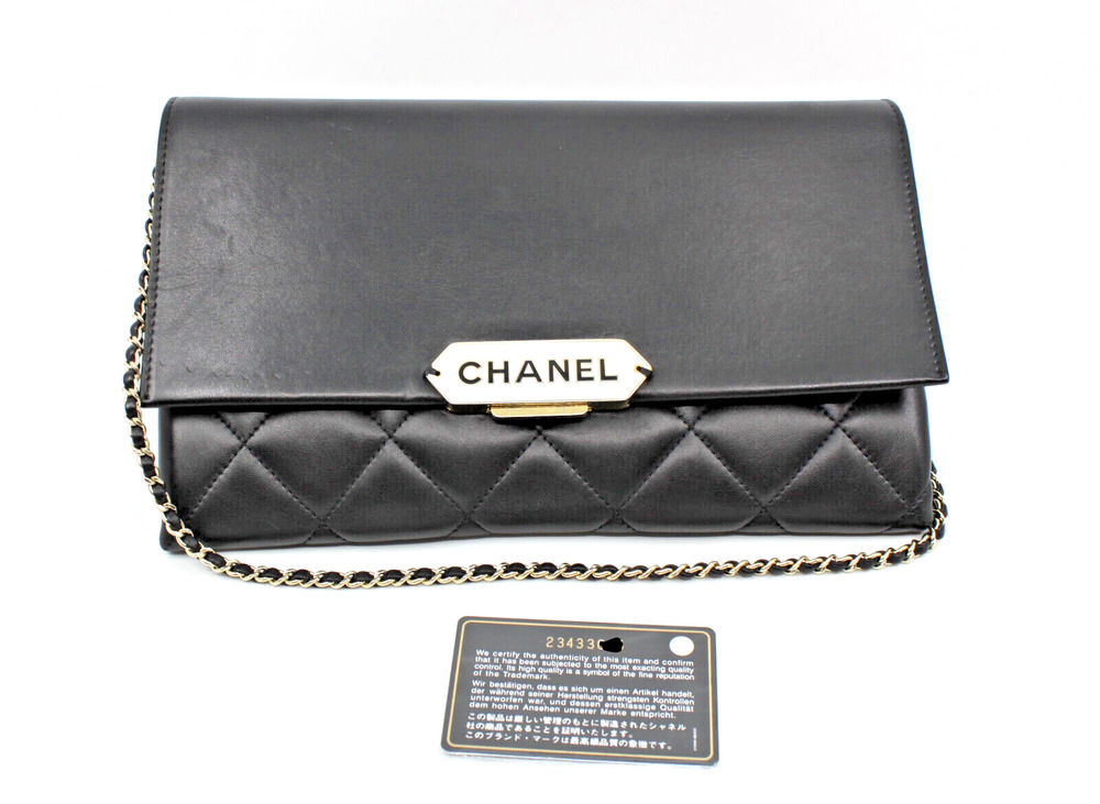 100% Auth CHANEL Lambskin Leather Quilted Retro Label Black Clutch Shoulder Bag